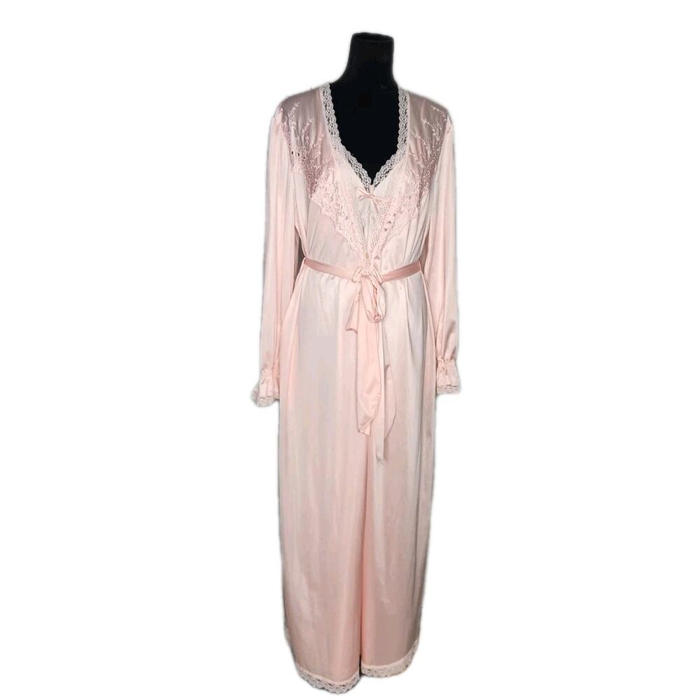 Vintage Cest Vous By Verena Pink Long Nylon Robe & Gown 2pc Set Euc